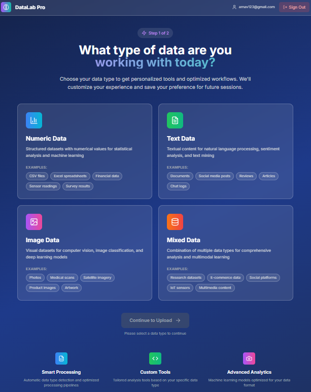 DataLab Pro — data type selection UI